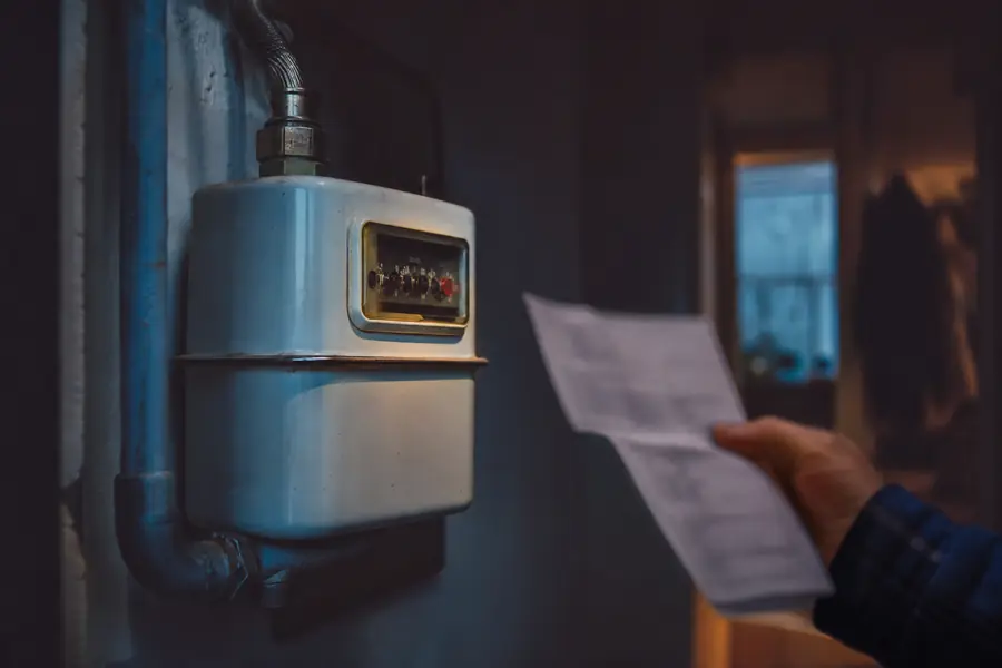 Compteur de gaz relevé de près dans un logement français, avec une facture de gaz posée à proximité sur une table.