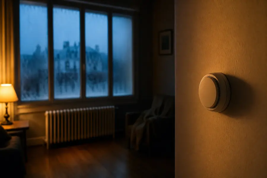 Salon d'une maison chauffée au gaz en soirée d'hiver, radiateur et thermostat mural au premier plan, fenêtre givrée en arrière-plan.