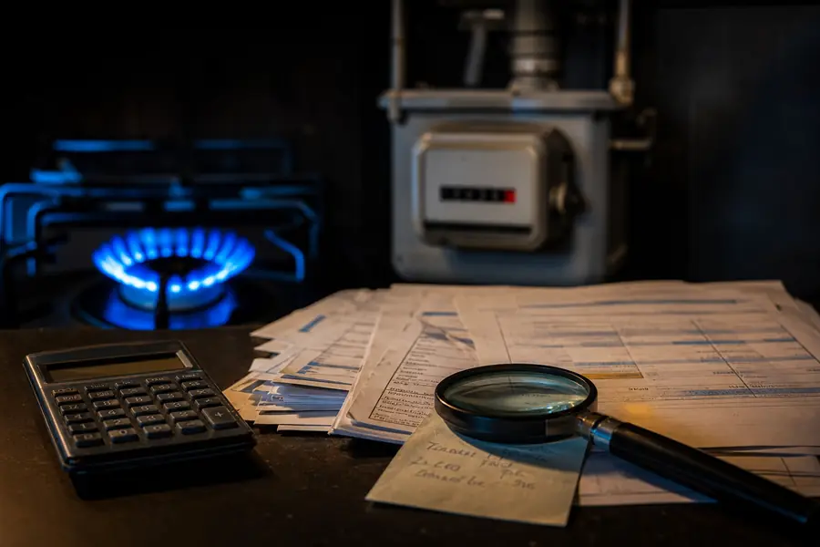 Factures de gaz, relevé de compteur et calculatrice sur une table sombre éclairée d’accents bleu gaz