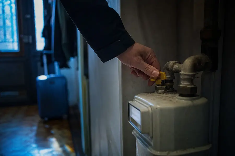 Robinet d'arrêt de gaz près d'un compteur, dans l'entrée d'un logement prêt pour un départ en vacances.