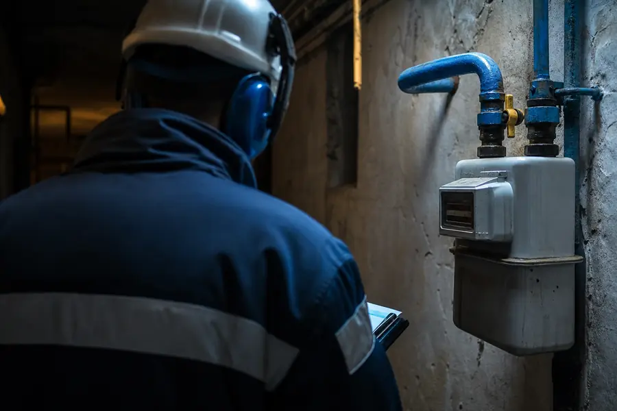 Technicien contrôlant un compteur et une arrivée de gaz dans un couloir résidentiel sombre éclairé de bleu.