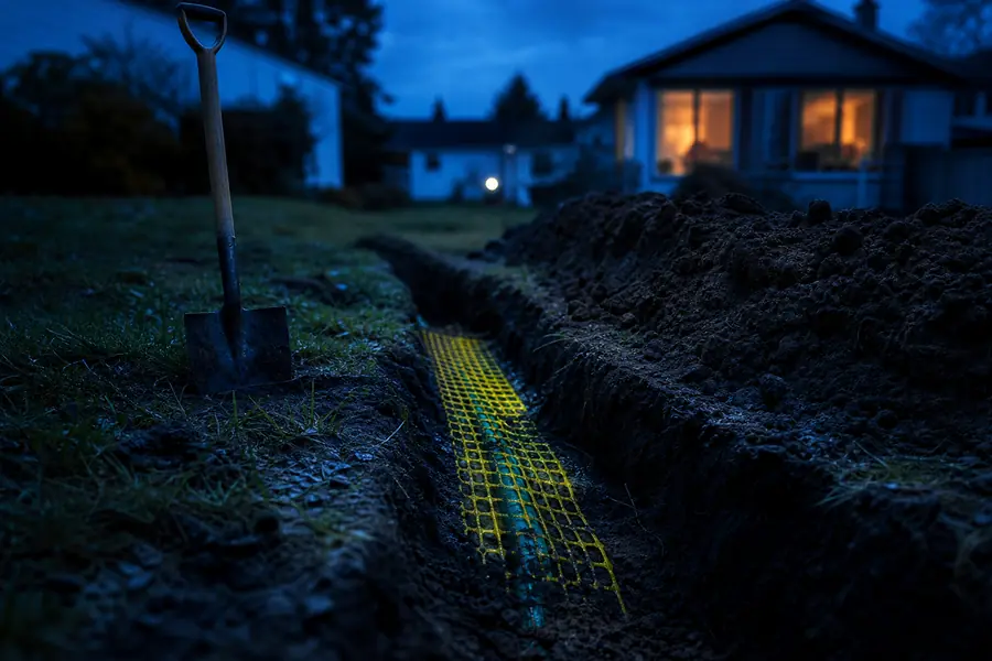 Tranchée fraîchement ouverte dans un jardin laissant apparaître un grillage avertisseur jaune posé au-dessus d'une canalisation enterrée.