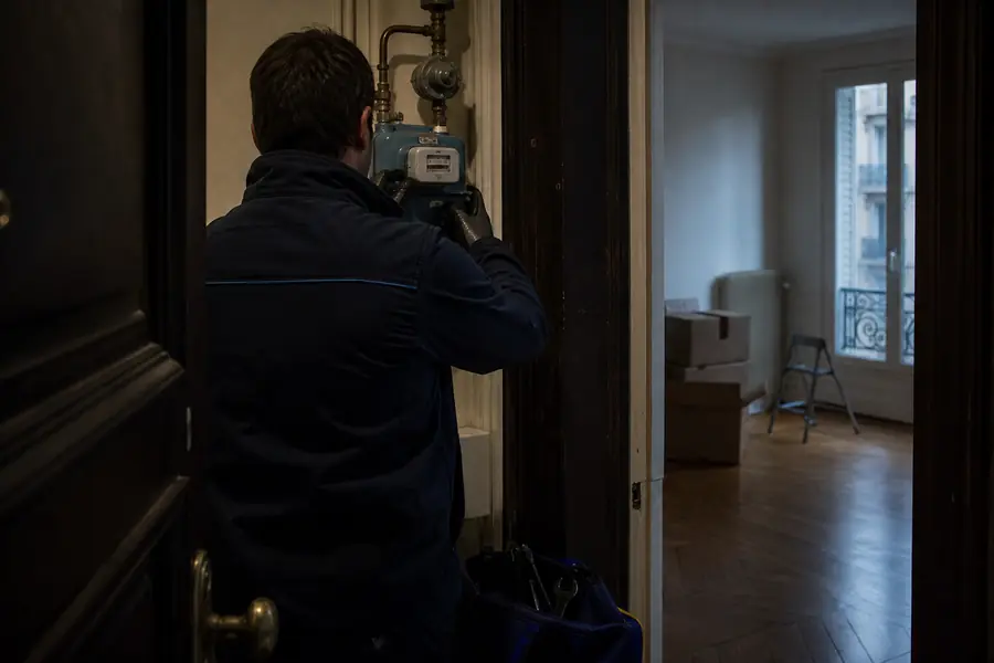 Technicien vérifiant un compteur de gaz dans un appartement vide avant la mise en service du logement.