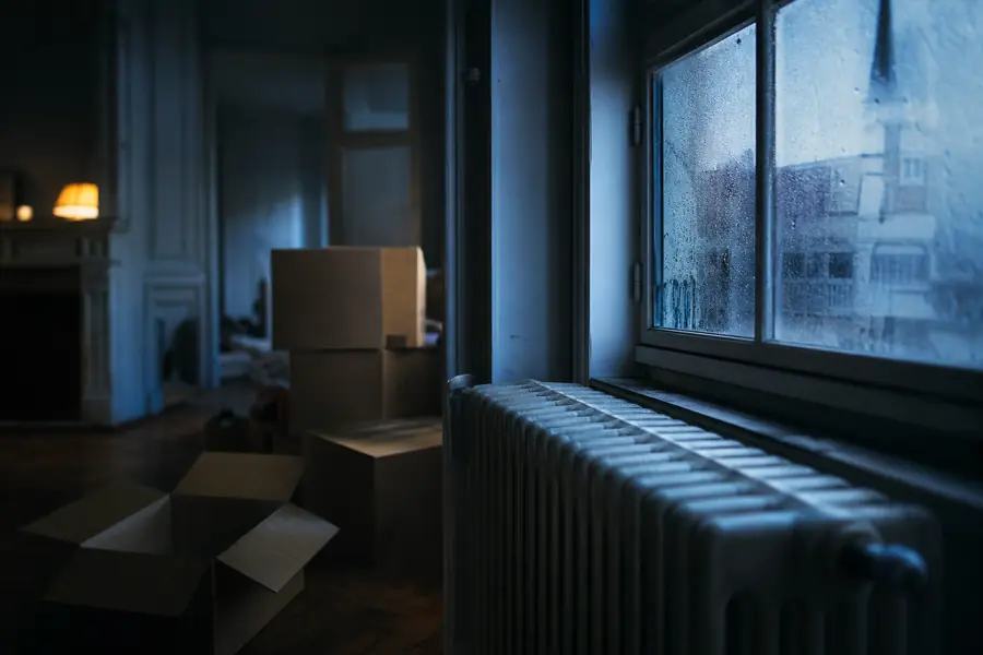 Cartons de déménagement dans un salon vide en hiver, avec un radiateur à gaz visible et de la buée sur une fenêtre.