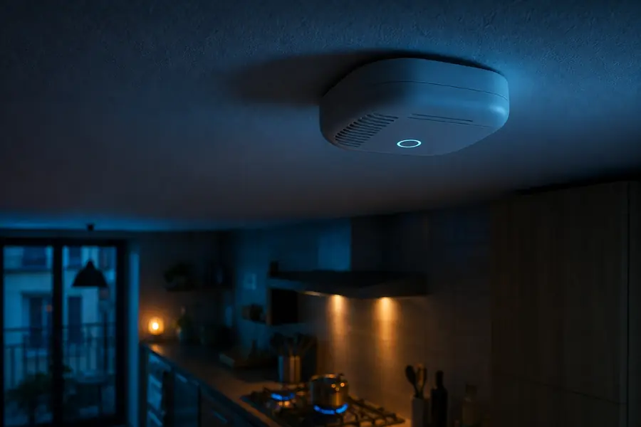 Détecteur de fuite de gaz naturel fixé au plafond d'une cuisine française, à proximité d'une cuisinière à gaz.