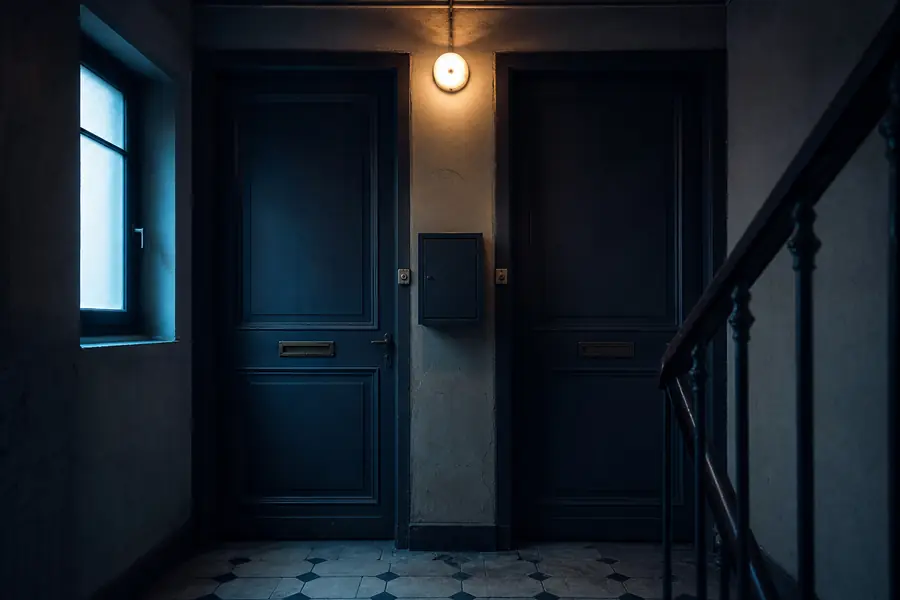 Palier d'une maison divisée en deux logements avec deux portes d'entrée distinctes et un coffret de compteur de gaz unique sur le mur.