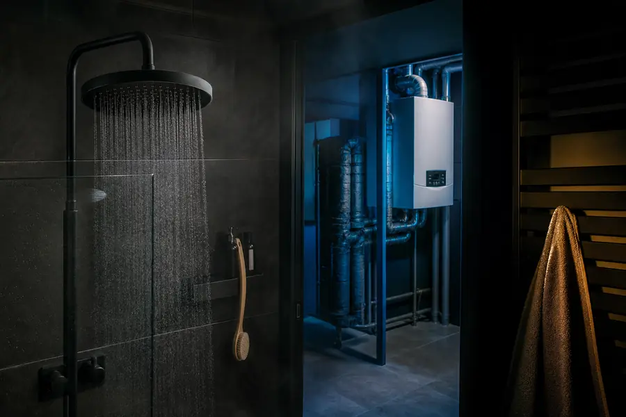 Douche équipée d’un pommeau économe et tuyaux d’eau chaude isolés dans une pièce technique sombre.