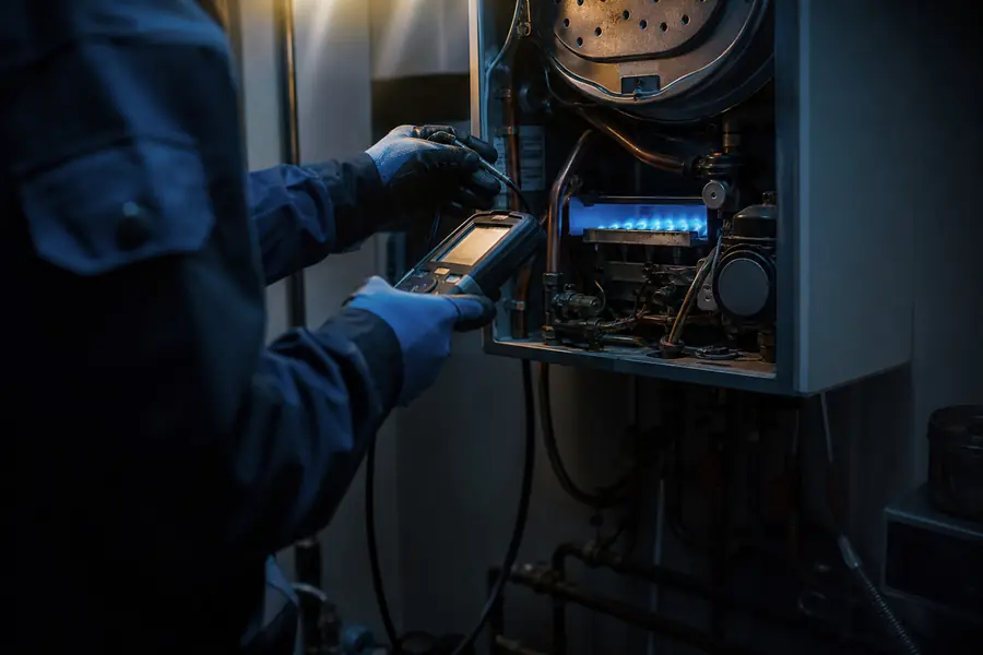 Technicien contrôlant une chaudière gaz murale lors de son entretien annuel dans un logement.