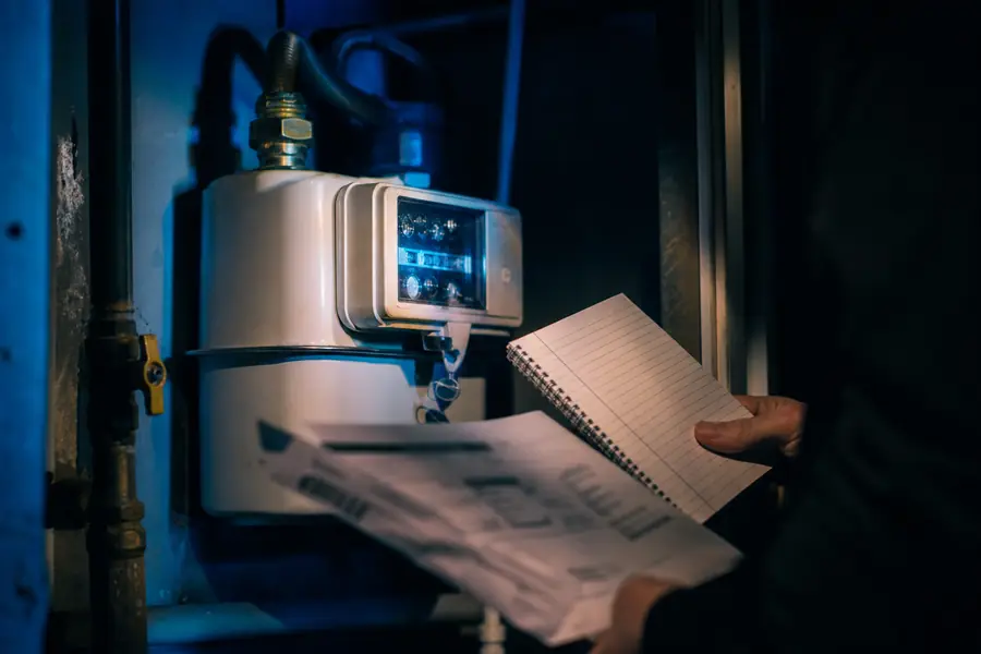 Compteur de gaz domestique éclairé en bleu, avec carnet de relevé et facture floue à proximité.