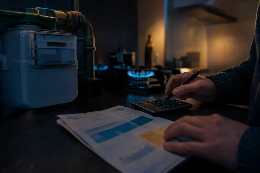 Compteur de gaz et facture non lisible dans une pièce sombre, illustrant une consommation anormale à vérifier.