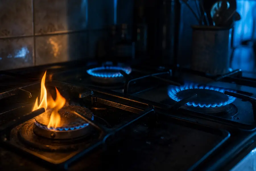 Brûleur de cuisinière à gaz avec une flamme jaune orangée au lieu d'une flamme bleue régulière.