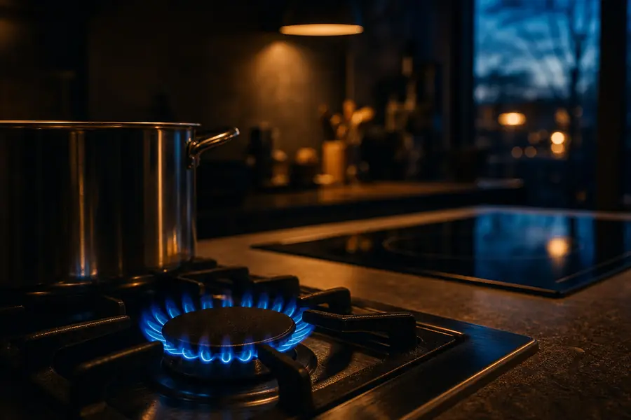 Flamme bleue d’une plaque de cuisson à gaz allumée dans une cuisine sombre au style épuré et cinématographique.