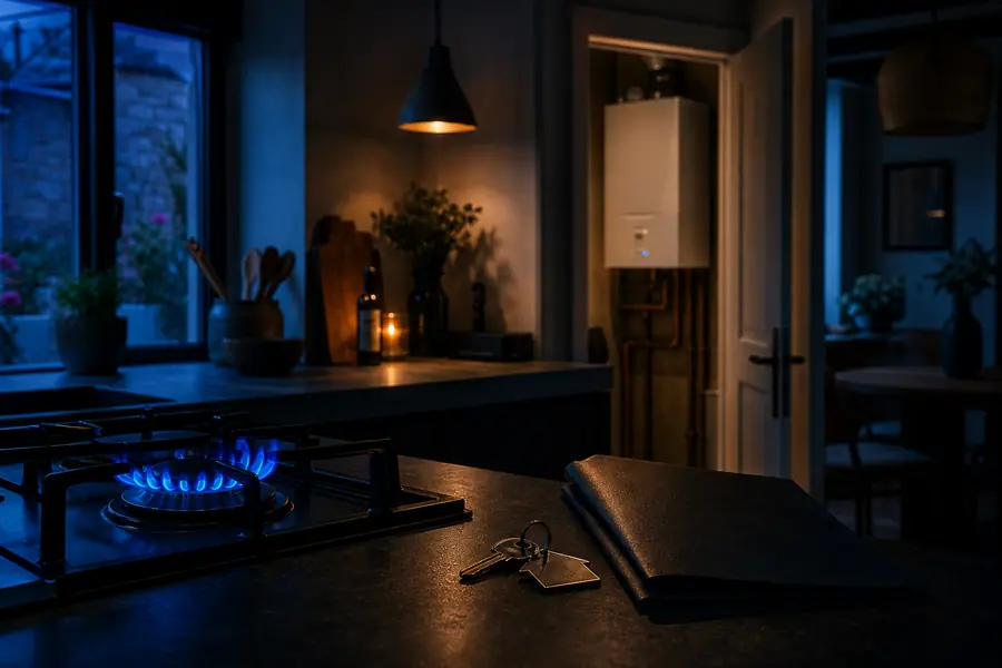 Cuisine équipée d'un gîte meublé avec plaque de cuisson au gaz et chaudière murale visible dans une pièce attenante.