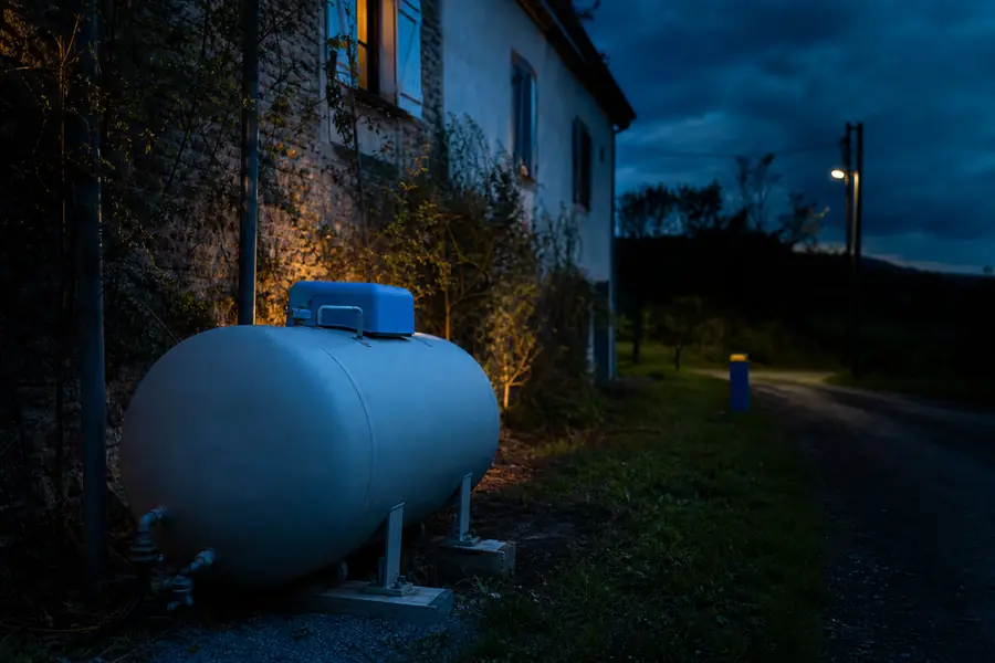 Citerne de gaz propane enterrée près d’une maison individuelle, avec le réseau de distribution de gaz naturel visible au loin.