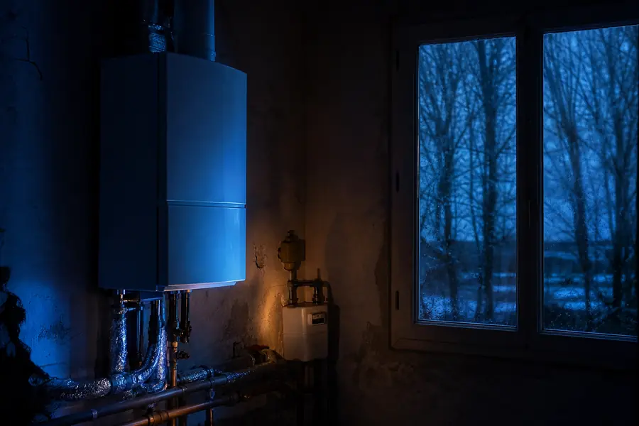 Chaudière et compteur de gaz dans une résidence secondaire inoccupée durant une période hivernale