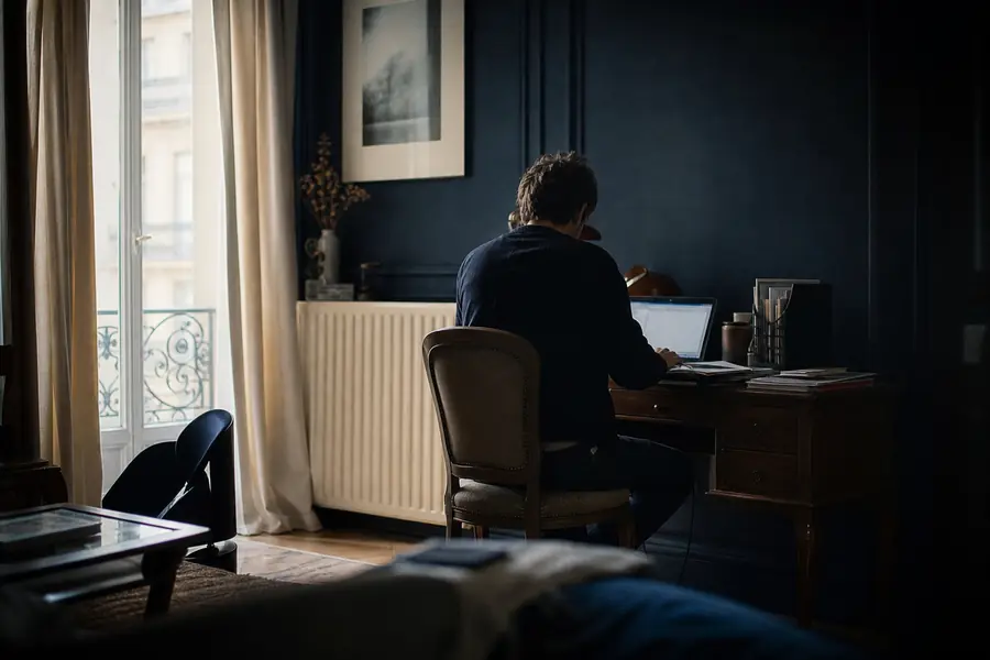 Bureau installé dans un salon d'appartement chauffé au gaz, avec un radiateur visible en arrière-plan.