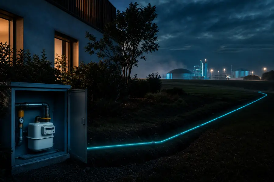 Compteur de gaz résidentiel et installation de biométhane illustrant le réseau commun et les garanties d’origine.