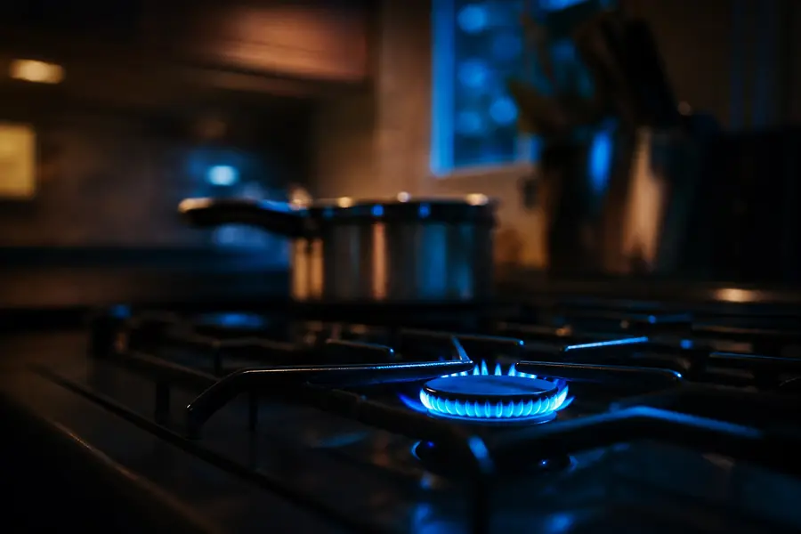 Flamme bleue d'une plaque de cuisson à gaz allumée dans une cuisine française, ambiance sombre et cinématographique.