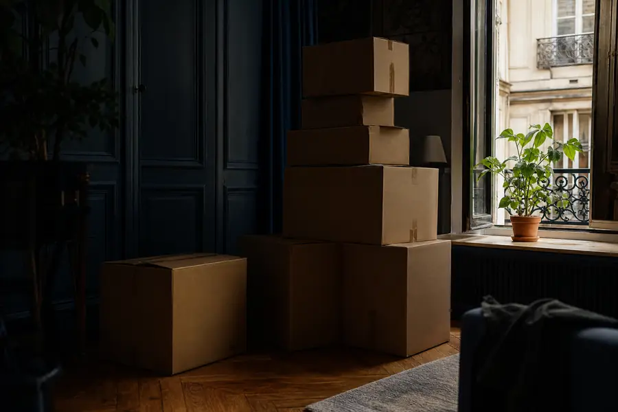 Cartons de déménagement dans un salon français, avec une feuille verte stylisée évoquant une offre de gaz vert.