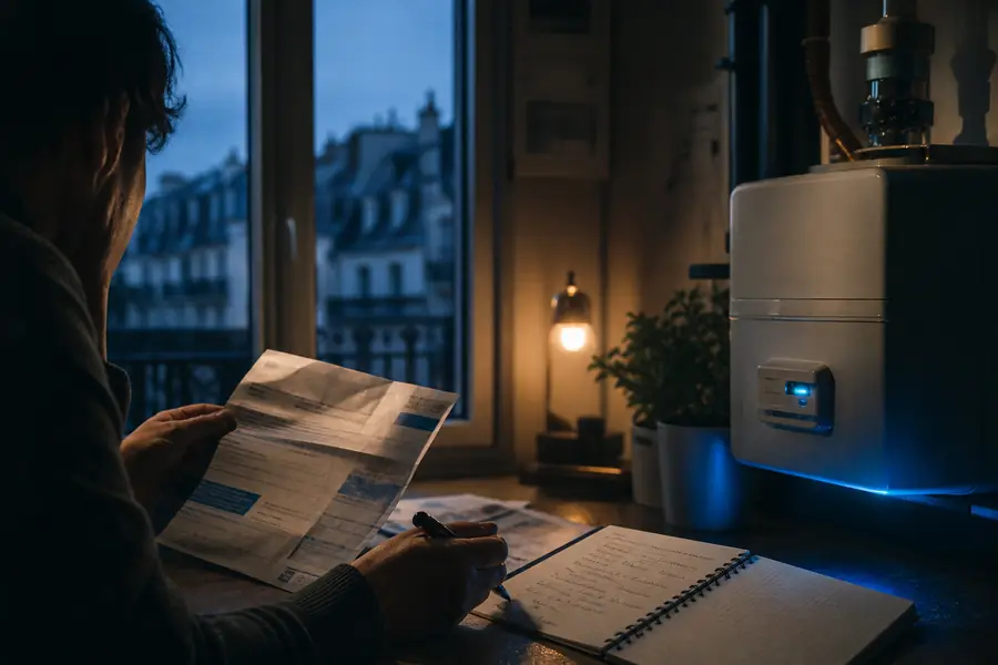 Main d’un foyer consultant une facture de gaz et un échéancier près d’un compteur, dans une lumière bleutée.