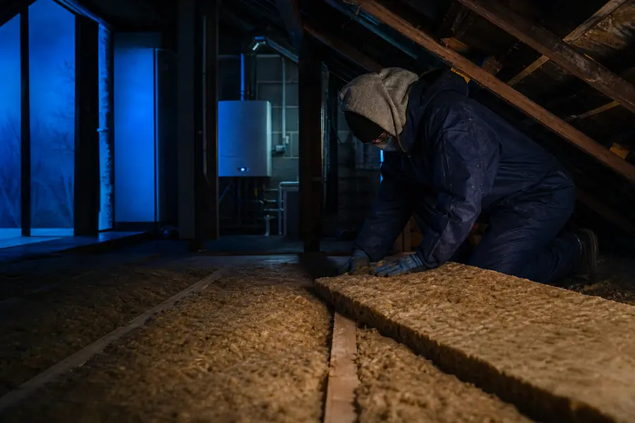 Isolation de combles dans une maison, chantier de rénovation destiné à réduire les besoins de chauffage au gaz.