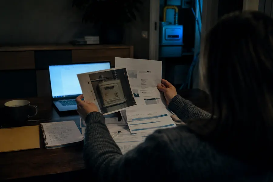 Consommateur examinant des factures de gaz et un relevé de compteur avant une réclamation écrite.