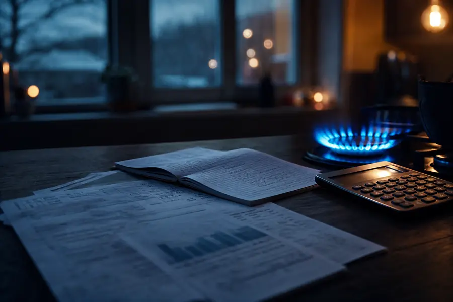 Un relevé de consommation, une calculatrice et des échéances de gaz dans une lumière bleue nocturne.
