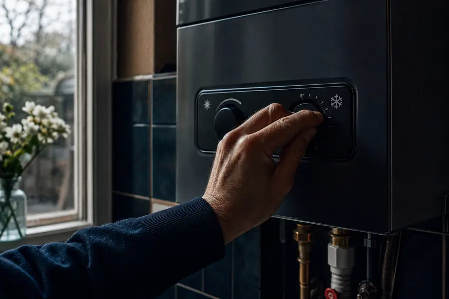 Panneau de commande d'une chaudière murale à gaz avec le sélecteur été-hiver visible, dans un logement français.