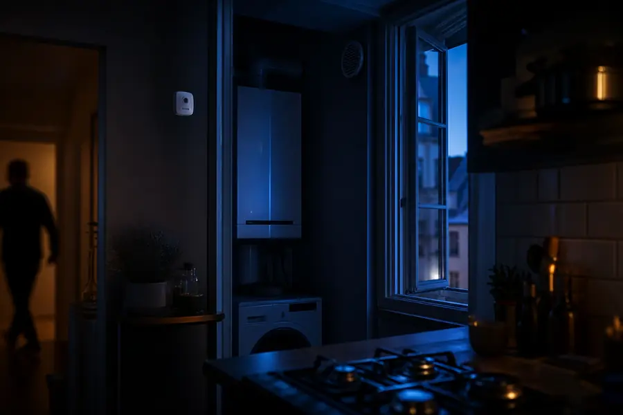 Détecteur de monoxyde de carbone près d’une chaudière et d’une ventilation dans un logement sombre.