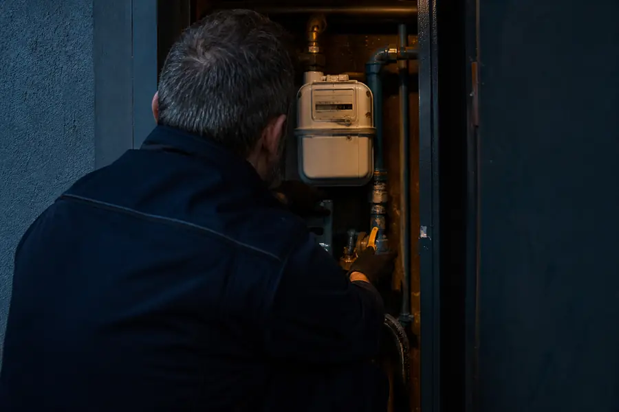 Technicien de dos vérifiant un compteur de gaz dans l’entrée sombre d’un appartement avant sa mise en service.