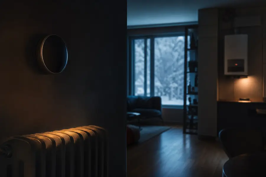 Thermostat réglé dans un salon chauffé au gaz, avec radiateur et lumière bleue d’un matin d’hiver.