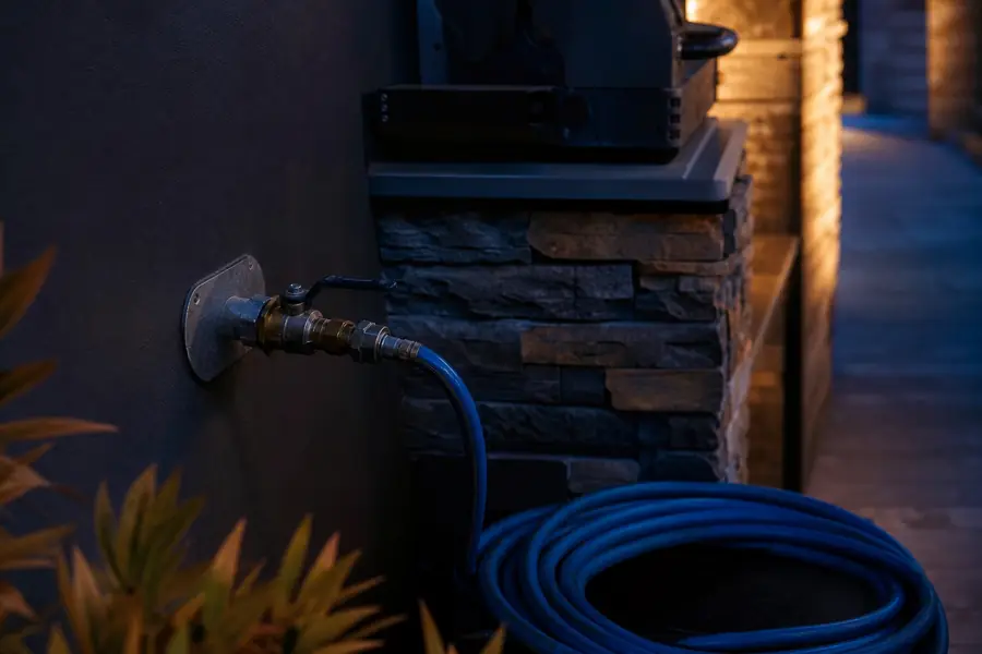 Point de raccordement au gaz avec robinet de coupure installé sur une terrasse française, près d'un barbecue en maçonnerie.