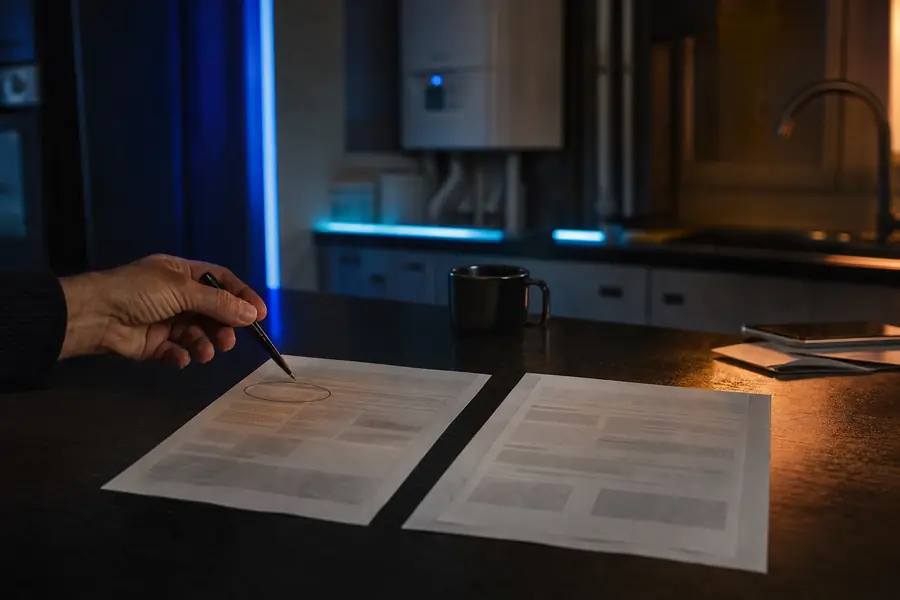 Contrat de gaz à prix fixe et facture posés côte à côte sur une table, avec un montant entouré au stylo.