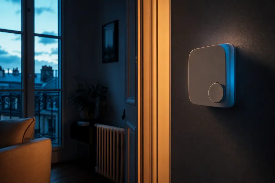 Thermostat mural pilotant le chauffage au gaz dans un salon sombre, avec radiateur et lumière bleue du soir.