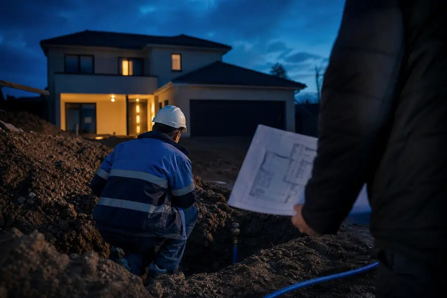 Tranchée de raccordement au gaz devant une maison neuve, avec un technicien examinant le point de branchement.