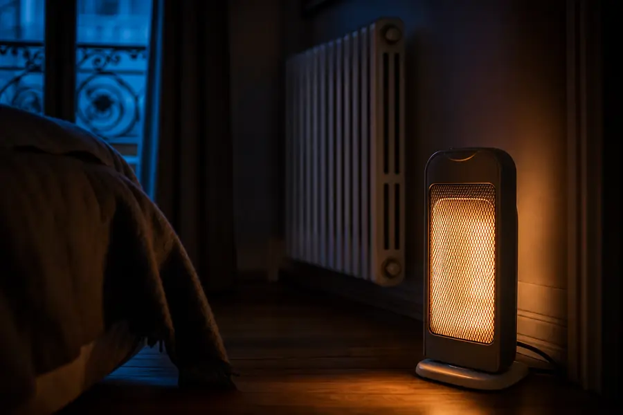 Petit radiateur électrique d'appoint allumé dans une chambre, avec un radiateur à eau chaude visible à l'arrière-plan.