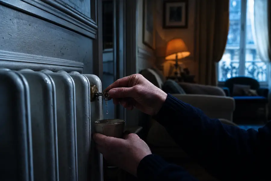 Purge d'un radiateur de chauffage central avec une clé de purge et un petit récipient, dans un salon français chauffé au gaz.