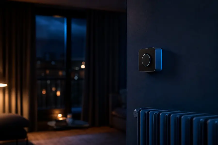 Thermostat programmable devant un radiateur dans un salon, avec rideaux fermés et lumière bleu gaz discrète.