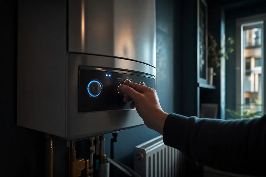 Main réglant le panneau d’une chaudière gaz moderne dans un intérieur sombre aux accents bleu gaz.
