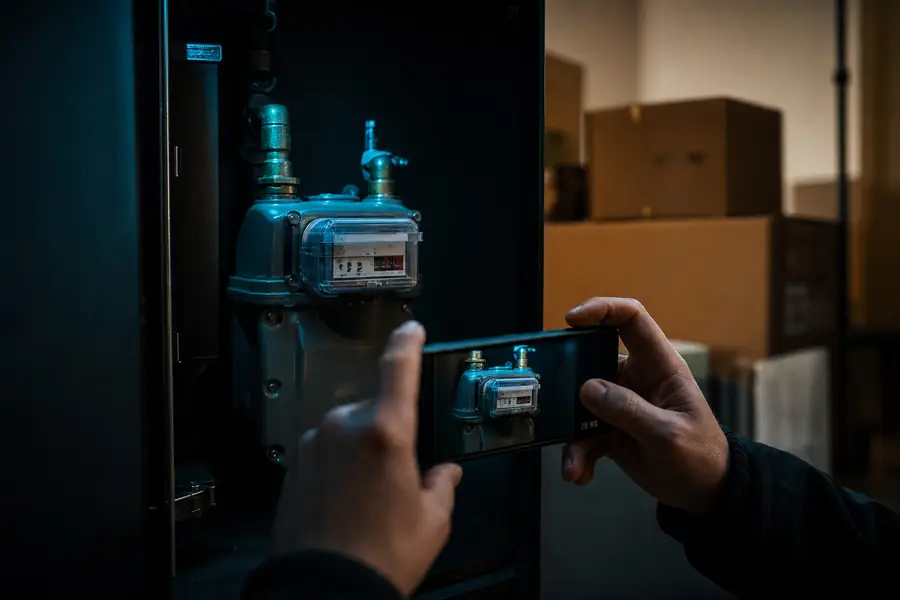 Main photographiant l’index d’un compteur de gaz dans un logement au moment d’un déménagement.