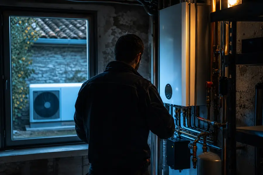 Technicien inspectant une installation de chauffage lors du remplacement d’une chaudière gaz dans une maison.