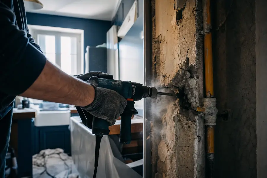 Ouvrier perçant un mur en rénovation dans une cuisine française, canalisation de gaz visible le long de la cloison.