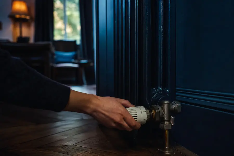 Main tournant un robinet thermostatique de radiateur grippé dans un salon français en début de saison de chauffe.
