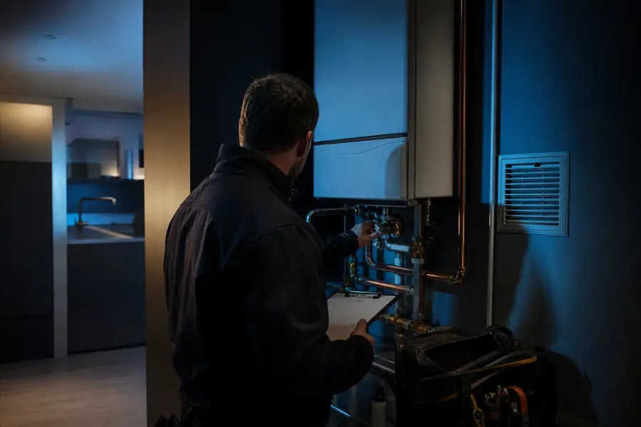 Technicien contrôlant une chaudière et les canalisations d’une installation de gaz domestique en intérieur sombre.