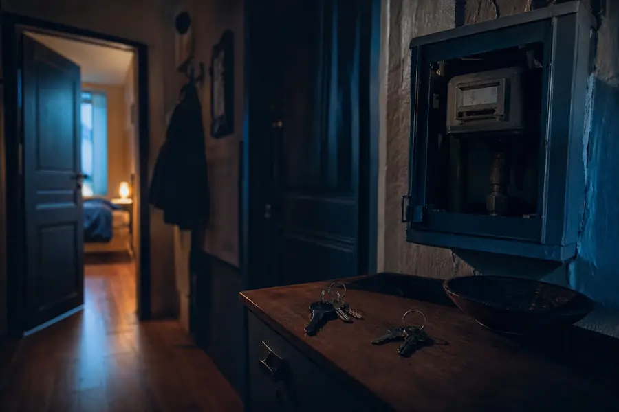 Chambre sous-louée dans un appartement partagé avec compteur de gaz visible dans le couloir et double jeu de clés sur une table.