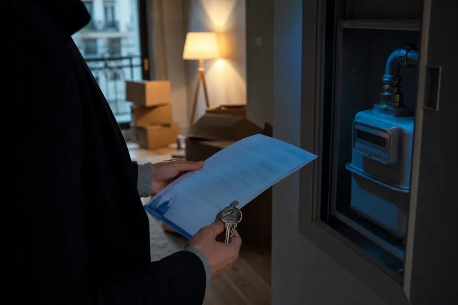 Clés, dossier de souscription et compteur de gaz dans un logement en cours d’emménagement.