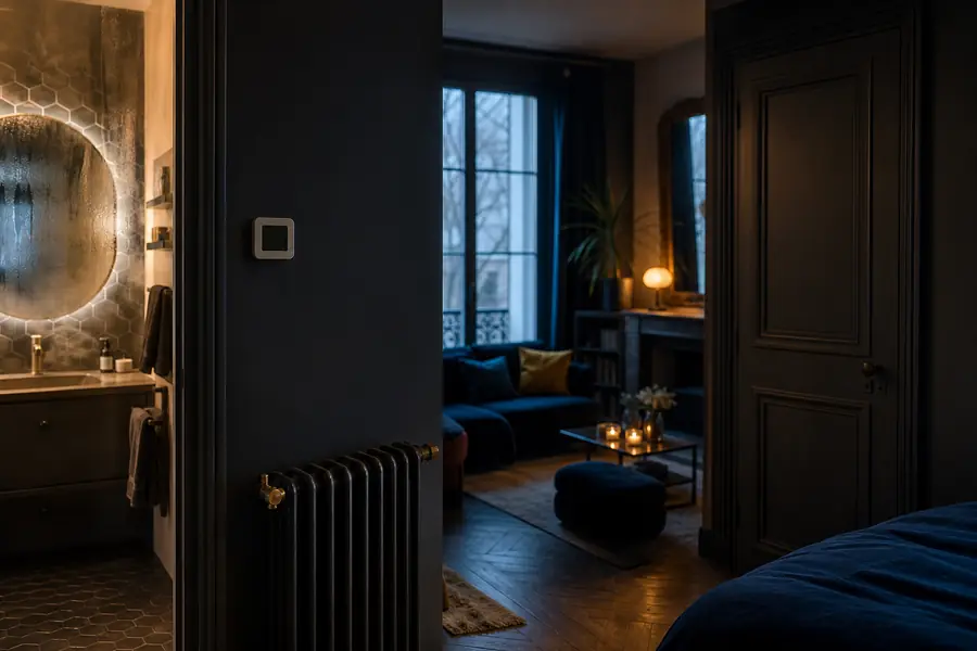 Thermostat mural dans un salon chauffé, avec radiateur et portes menant aux autres pièces du logement.