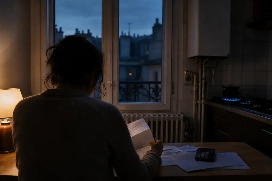 Facture de gaz impayée posée sur une table dans un appartement éclairé par une lumière hivernale bleutée.