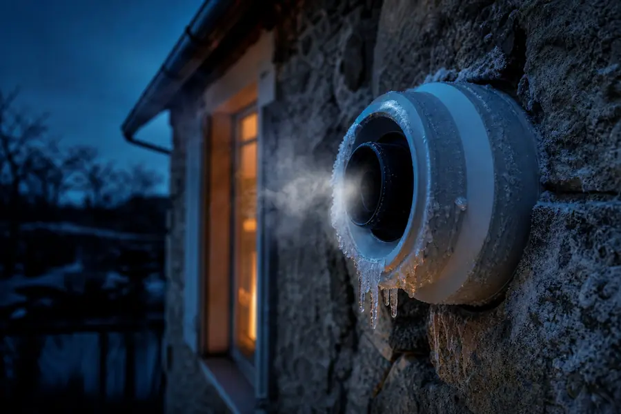 Conduit de ventouse d'une chaudière gaz sur un mur extérieur givré, façade d'habitation française par temps froid.