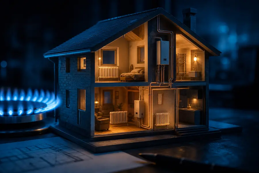 Maquette en coupe d’une maison illustrant les besoins de chauffage au gaz